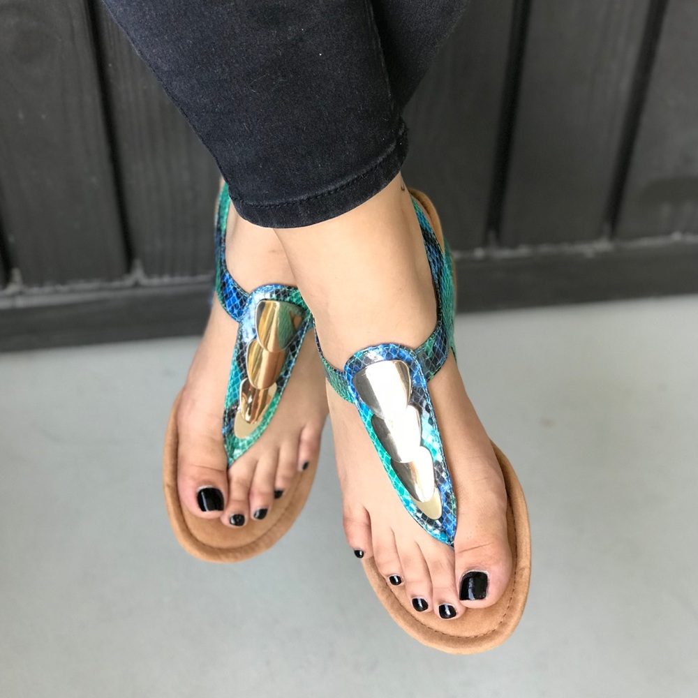 Snake Leather Metal Accent Kitten Wedge Sandal - Picture 3 of 8